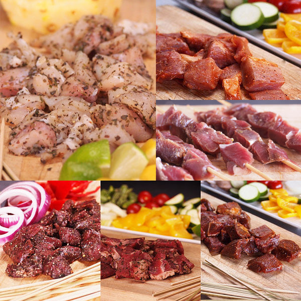 (送料無料) 味付け生肉キューブ5種セット(ワニ・カンガルー・ポーク・ビーフ・馬肉)竹串30本付