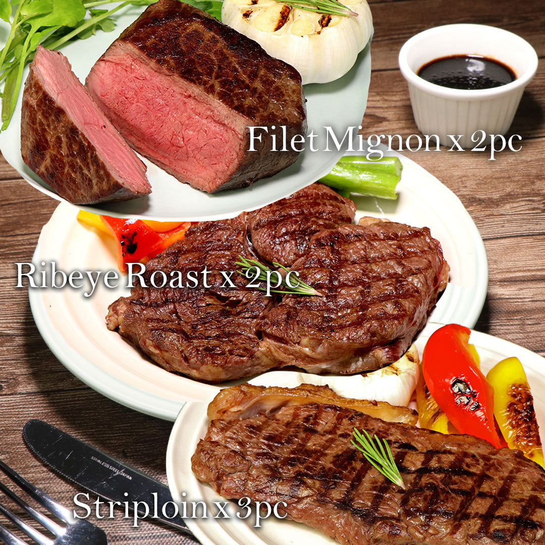 【送料無料】グラスフェッドビーフ3種 7枚食べ比べセット(フィレステーキ2枚、リブロース2枚、サーロイン3枚)